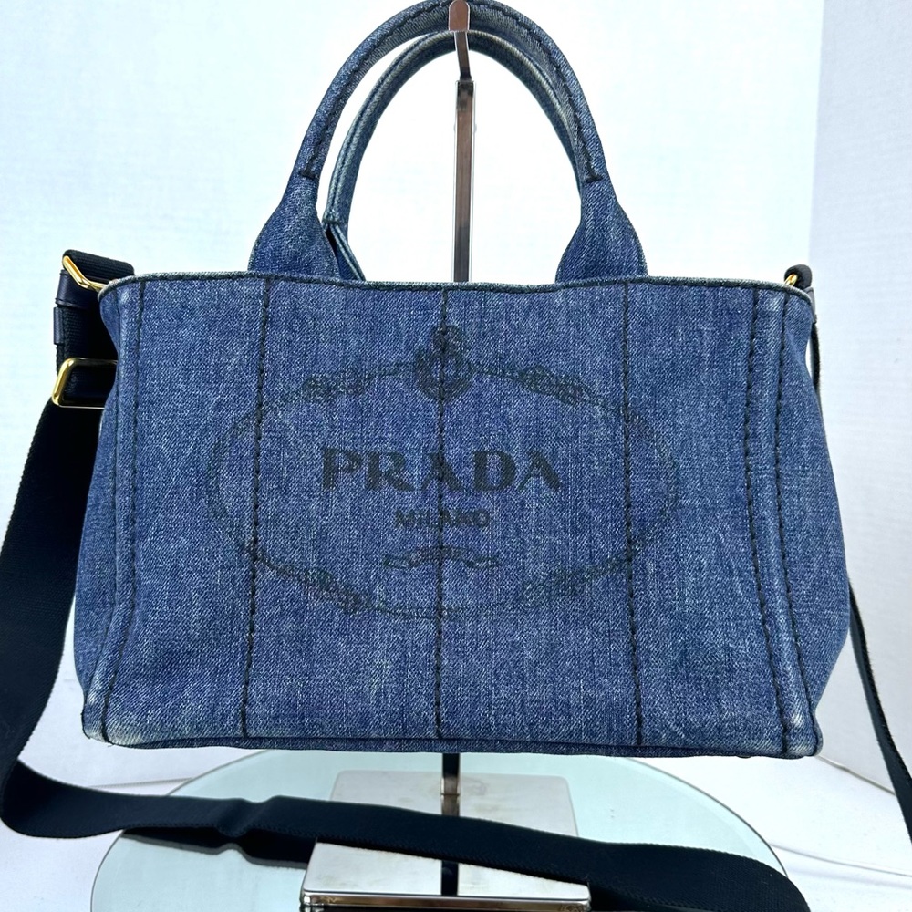 Authentic PRADA Canapa Canvas Denim Finish 2Way Shoulder Hand Bag Canvas